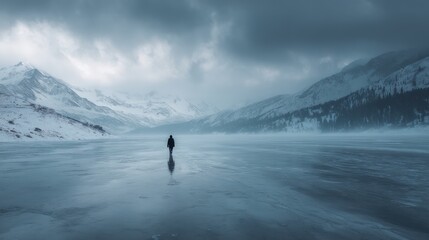 Person walking frozen lake