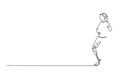 Self drawing animation of one line drawing of a confident woman standing with a prosthetic leg, hand on waist, empowerment, celebration of World Day for Assistive Technology. Full length animated