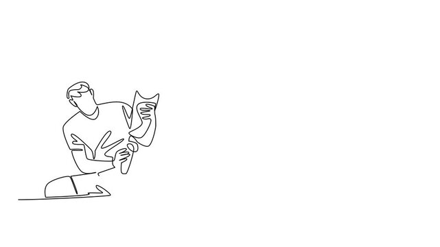 Self drawing animation of a one line drawing vector of a young man adjusting his prosthetic leg while seated, symbolizing innovation for the World Day for Assistive Technology. Full length animated
