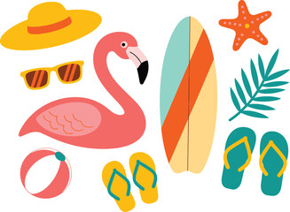 Summer vacation illustration set featuring flamingo, surfboard, beach accessories, flip flops, sunglasses, hat, starfish, tropical leaves, beach ball design
