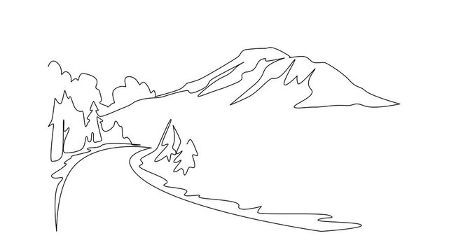 Animated self drawing of a single line drawing of Chimborazo mountain with a winding road and pine forest, symbolizing nature, designed as an artistic tribute for Chimborazo Day. Full length animation