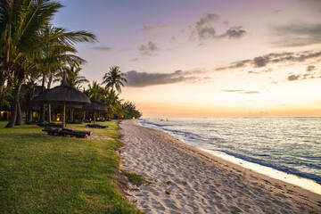 Tropical beach with palm trees, thatched umbrellas and gentle sunset light on the coast of...