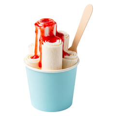 A blue paper cup filled with rolled ice cream and strawberry sauce isolated on a transparent background