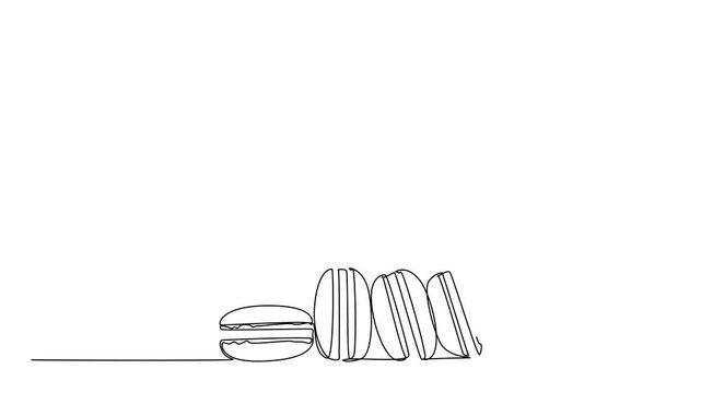 Animated self drawing of one line drawing of chocolate macarons arranged in a row, dessert concept, sweet treat theme for National Chocolate Macaron Day, representing indulgence. Full length animation