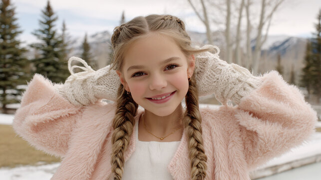 Young girl smiles in winter setting, wearing mittens and a pink coat. A beautiful young girl with braids smiles while wearing a pink coat and mittens in a winter landscape