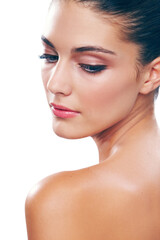 Shoulder, beauty and makeup with woman in studio for aesthetic, shine or glamour makeover....