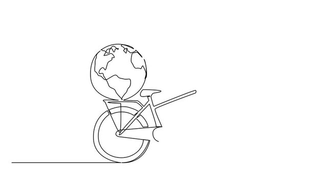 Animated self drawing of simple single line drawing of a bicycle carrying large globe on its back carrier, symbolizing global connection and sustainability for World Bicycle Day. Full length animation