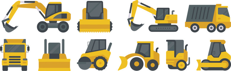 Construction vehicle icon set, heavy machinery equipment, excavators, bulldozers, dump trucks, road rollers, loaders, industrial machines, flat design vector illustration © Vactor Creatives