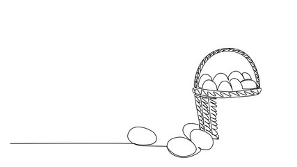 Self drawing animation of continuous line drawing of a woven basket with eggs spilling out, celebrating National Egg Day in a nature concept with food theme, expressing abundance. Full length animated
