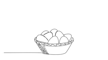 Animation of single line drawing of a woven basket full of eggs, representing National Egg Day in a nature concept with food theme, highlighting freshness, farm produce. Full length motion