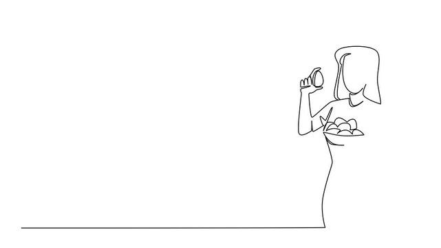 Animation of continuous line drawing of a woman holding an egg and a basket full of eggs, celebrating National Egg Day in a health concept with food theme, emphasizing nutrition. Full length motion - Powered by Adobe