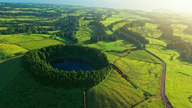 Aerial View of Lagoa de Pau Pique Volcano Lake in Sao Miguel