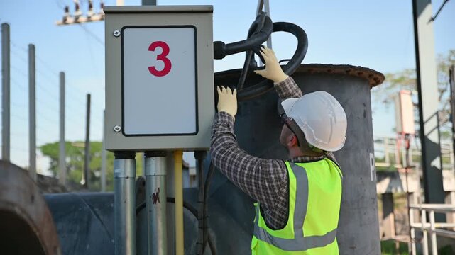 Electrical engineer performing safety inspection on industrial control panel at outdoor power facility site