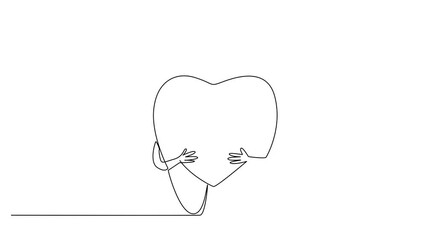 Animation of a continuous line drawing of a tooth hugging a heart, symbolizing love and appreciation for dentists on National I Love My Dentist Day in a health concept design. Full length motion