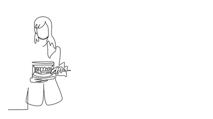 Animation of a continuous line drawing of a female dentist demonstrating proper brushing on a dental model, highlighting oral health education for National I Love My Dentist Day. Full length motion