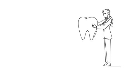 Animated self drawing of a one line drawing of a female dentist examining a large tooth on a table with a stethoscope, dental care dedication for National I Love My Dentist Day. Full length animation