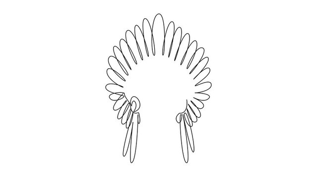 Animation of single line drawing of a Native American feathered headdress front view, symbolizing culture concept for American Indian Citizenship Day and honoring tribal heritage. Full length motion