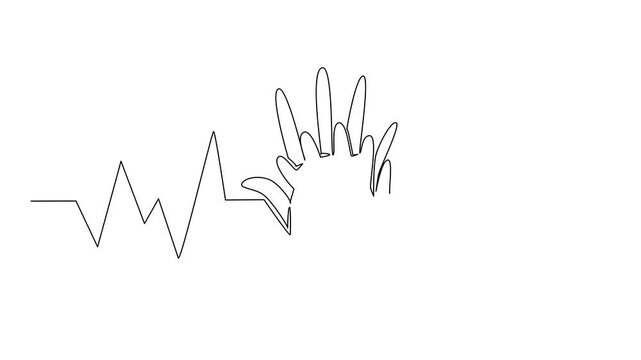 Animated self drawing of continuous line drawing of hands performing chest compressions with a heartbeat line in the background, representing health for National CPR and AED. Full length animation
