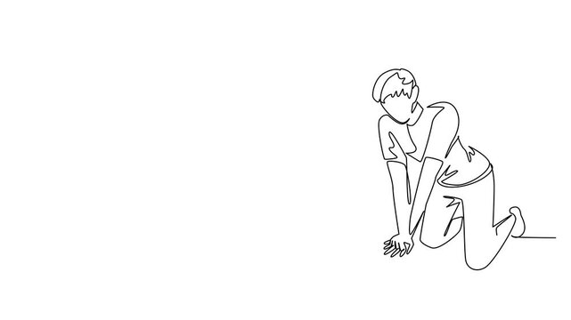Animated self drawing of continuous line drawing of a man practicing CPR chest compressions on a mannequin, representing health for National CPR and AED Awareness in lifesaving. Full length animation