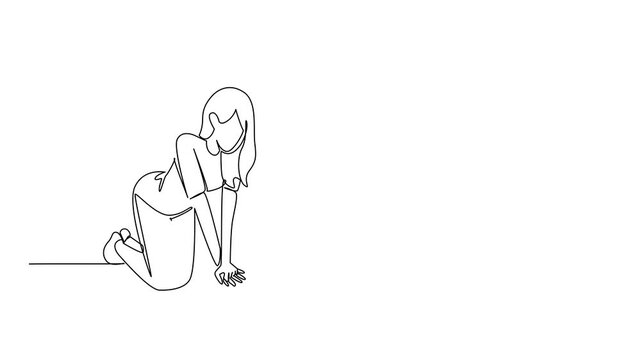 Self drawing animation of single line drawing of a woman practicing CPR chest compressions on a mannequin, showing health for National CPR and AED Awareness lifesaving emergency. Full length animated