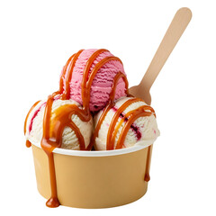 A delicious serving of assorted ice cream scoops with caramel sauce and a spoon isolated on a transparent background