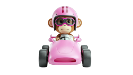 Monkey Driving Pink Race Car on White Background