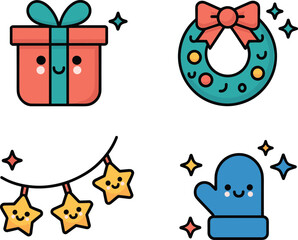 Colorful gift and celebration icons, wrapped presents, stars, candy cane, confetti, holiday party elements, festive decoration set, flat vector illustration