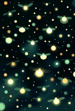Enchanted Nightscape: A Seamless Animation of Fireflies Dancing in a Starry Sky Backdrop