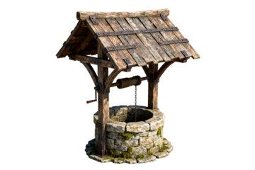 Old-fashioned wooden well with stone structure and slanted roof