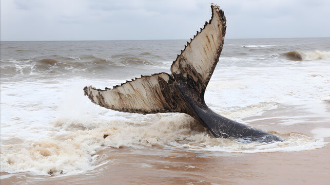 motherliness. Beached whale with tail fin splashing in shallow water under overcast sky. wildlife magazines, conservation campaigns, designed for eco-tourism storytelling.