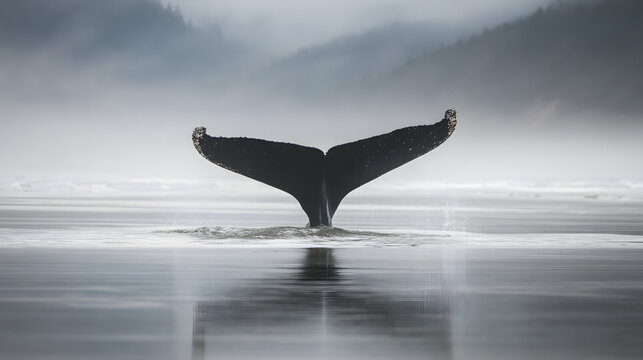 motherliness. Beached whale with tail fin splashing in shallow water under overcast sky. wildlife magazines, conservation campaigns, designed for eco-tourism storytelling.