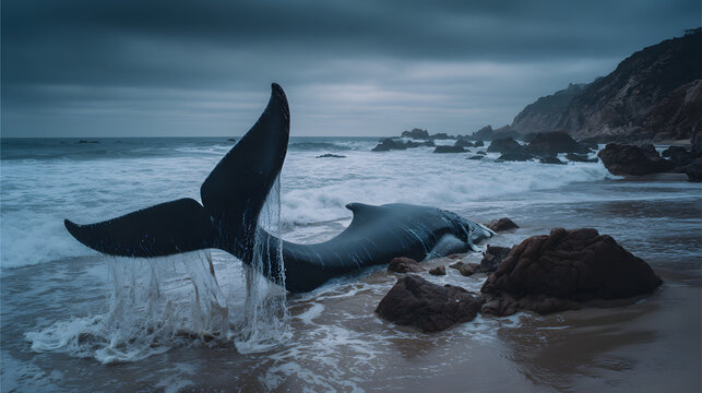 motherliness. Beached whale with tail fin splashing in shallow water under overcast sky. wildlife magazines, conservation campaigns, designed for eco-tourism storytelling.