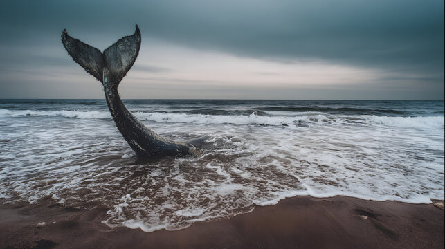 motherliness. Beached whale with tail fin splashing in shallow water under overcast sky. wildlife magazines, conservation campaigns, designed for eco-tourism storytelling.