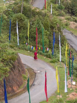 Aerial view of prayer flags fluttering along the winding road, a monk walking peacefully amidst the vibrant colors, against the backdrop of lush greenery, Paro, Bhutan.