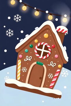 Festive gingerbread house animation under the winter night sky perfect for the holidays