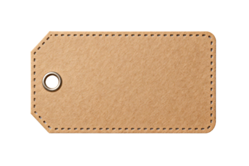Brown leather-like tag with stitched edges and a metal ring