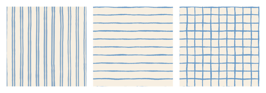 Vertical and Horizontal Stripes and Grid Seamless Vector Pattern Set, Blue Jagged Lines Background for Textile and Paper Designs