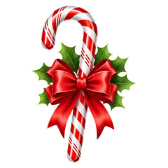 A festive holiday candy cane with a red bow and holly leaves isolated on a transparent background for christmas decoration