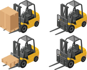 Isometric forklift illustration set, warehouse lifting vehicles, pallet loader, industrial equipment, cargo handling machines, logistics machinery icons, 3D vector design