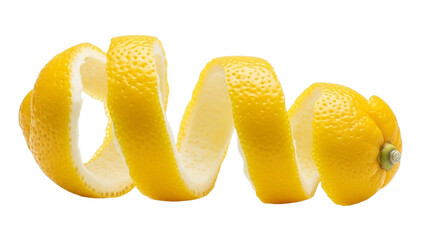 Bright yellow lemon peel spiraled around part of a whole lemon citrus fruit