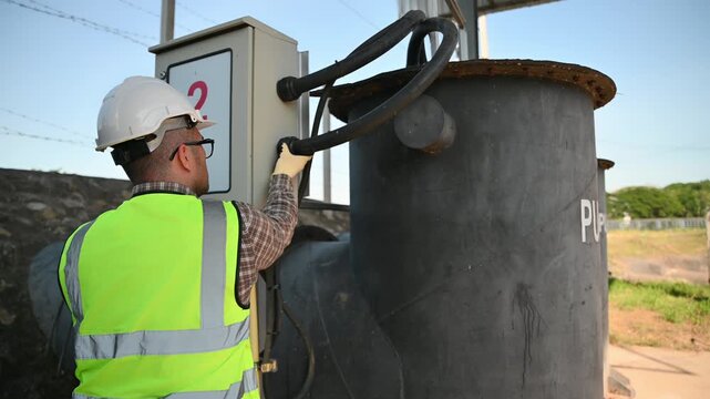 Industrial technician inspecting electrical control box and wiring system at outdoor utility facility