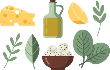 Food ingredient illustration set, cheese slice, olive oil bottle, lemon wedge, fresh herbs, leafy greens, seasoning bowl, flat vector design