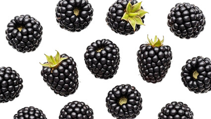Collection of ripe dark black raspberries with green leaves on black background blackberry fruit
