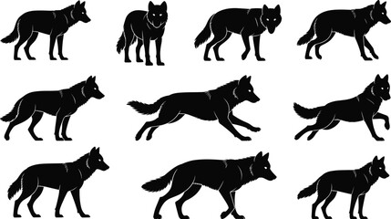 Nine black wolf silhouettes in various poses on a white background wolves