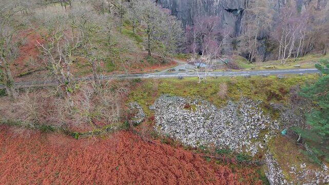 Descending drone orbit over Hodge Close Quarry. The quarry and lake are hidden as the path, bare trees, and green-orange foliage rise into the foreground, creating a natural reveal and conceal effect.