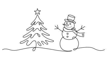 Minimalist continuous line illustration of a snowman with a top hat beside a Christmas tree topped with a star, perfect for winter holiday designs and cards