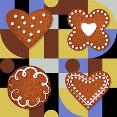 seamless pattern is made up of homemade cookies on geometric abstract background. Stock vector illustration. EPS 10.