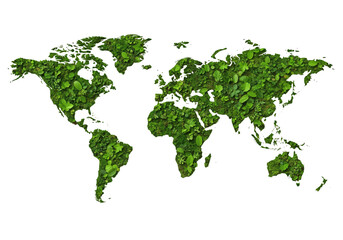World map made of green leaves symbolizing global ecology, environment, nature, and conservation concept isolated on transparent background