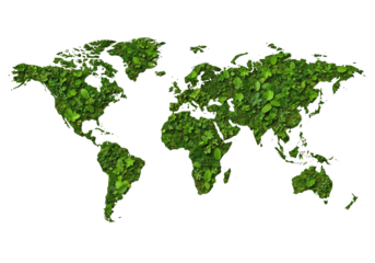 World map made of green leaves symbolizing global ecology, environment, nature, and conservation concept isolated on transparent background