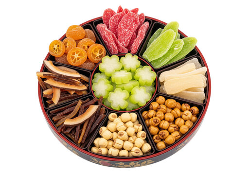 Traditional Asian Candied Fruit and Snack Assortment Tray isolated on png, transparent background